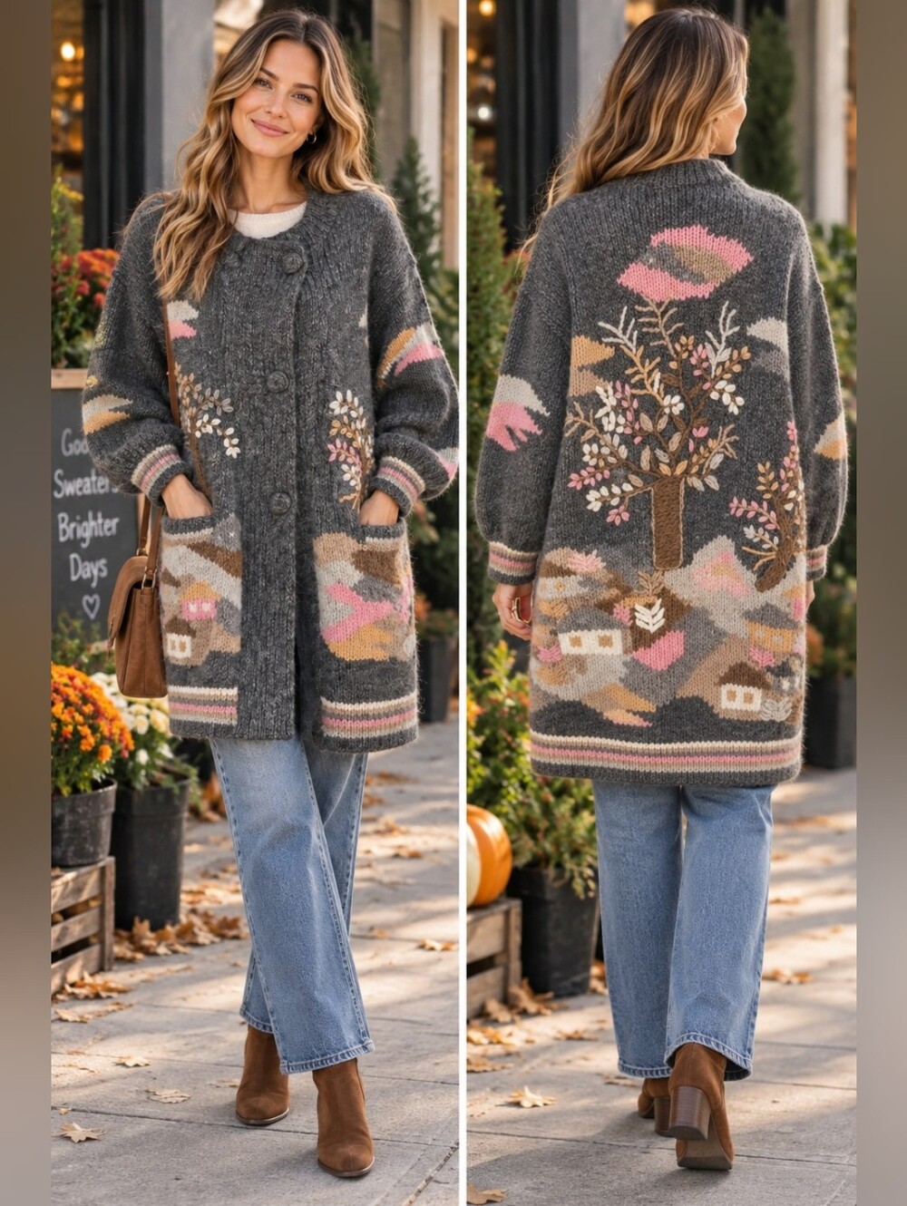 Vintage Chunky Wool Hand Knit Long Cardigan Coat Embroidered Scenic Cottagecore